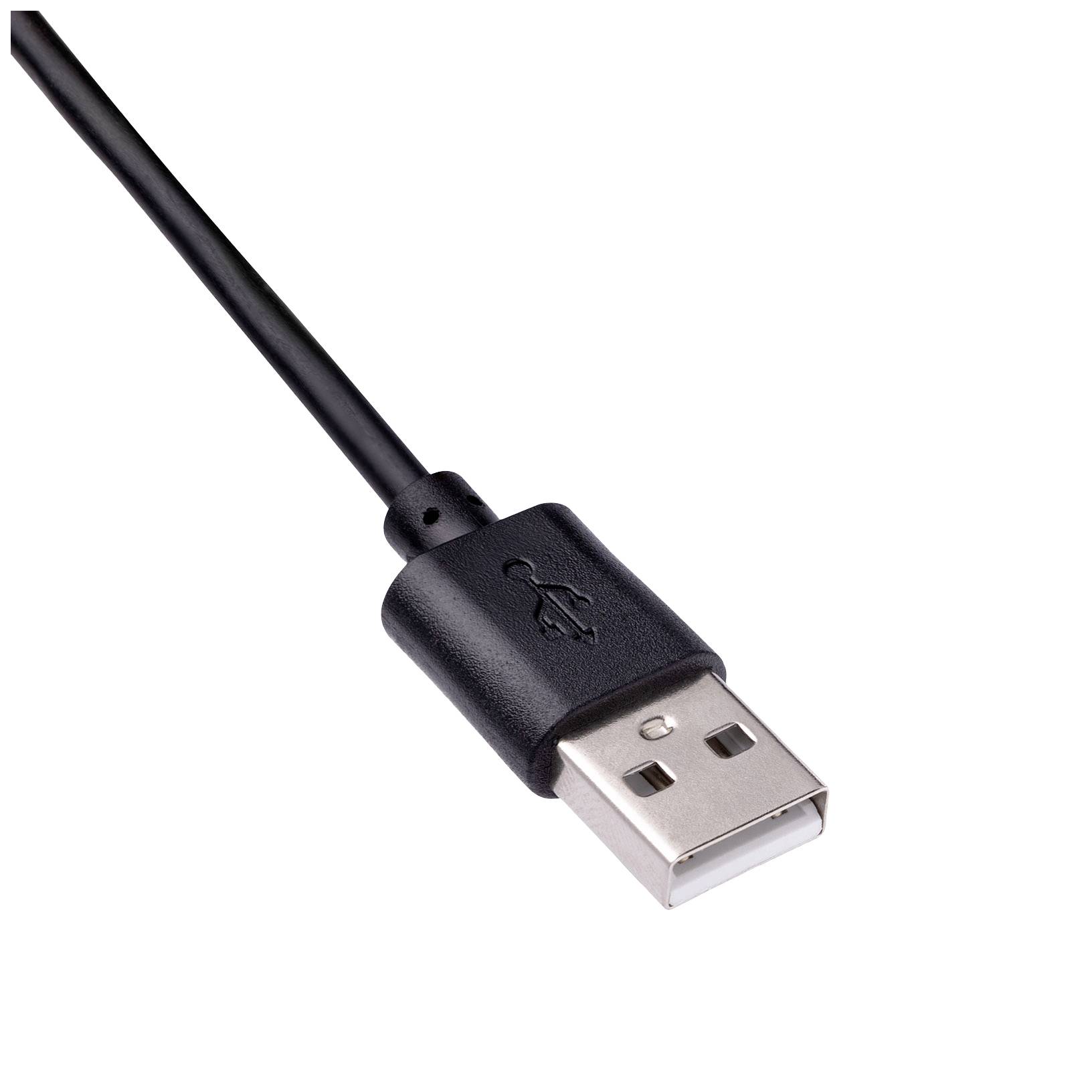Zwart USB-kabel met een standaard USB-A-stekker, waarbij de bovenkant van de metalen zijde en het daarop aangebrachte USB-symbool worden getoond.