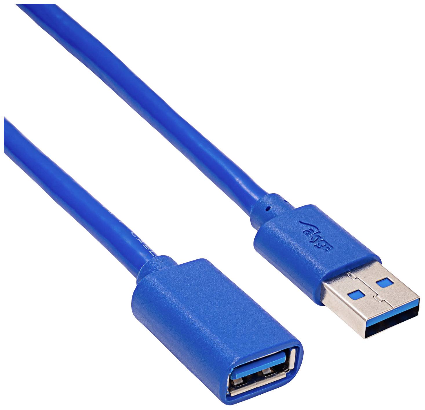 USB-verlengkabel in het blauw met een mannelijke en een vrouwelijke aansluiting, geschikt voor het verbinden van USB-apparaten.
