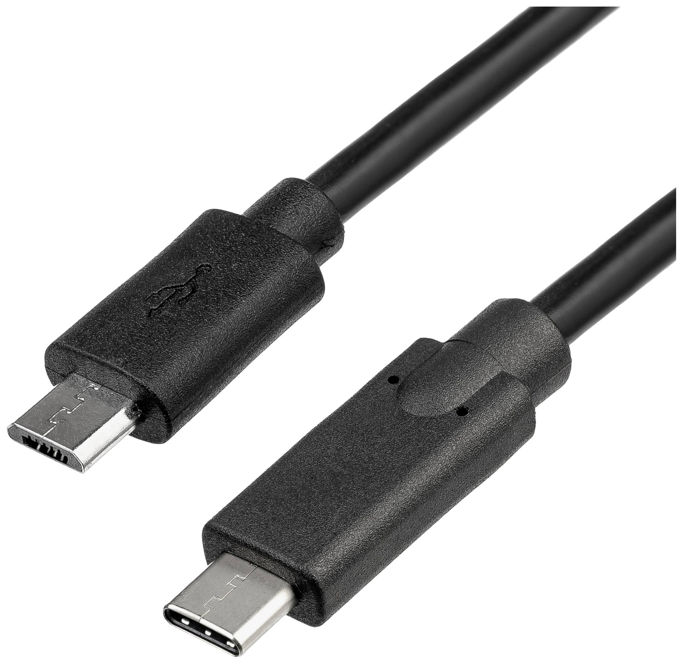 Zwart kabel met USB-C en Micro-USB-aansluitingen. Geschikt voor het verbinden of opladen van apparaten zoals smartphones of tablets.