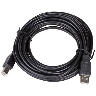 Zwart USB-kabel in een cirkel gelegd, het ene uiteinde met een USB-A-stekker, het andere met een USB-B-stekker, geschikt voor apparaataansluitingen.