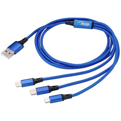 Blauw USB-kabel met drie verschillende aansluitingen: Lightning, USB-C en Micro-USB. Geschikt voor het opladen van verschillende apparaten.