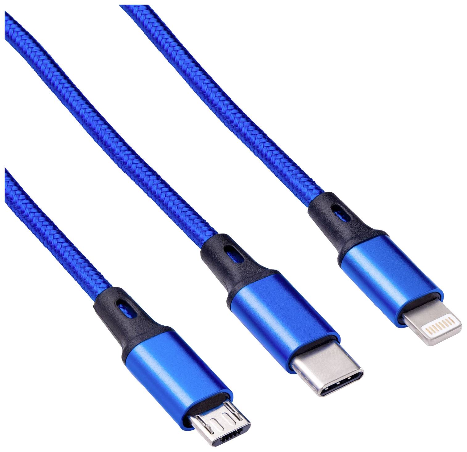Drie oplaadkabels met blauwe aansluitingen: Micro-USB, USB-C en Lightning, naast elkaar liggend op een witte achtergrond.