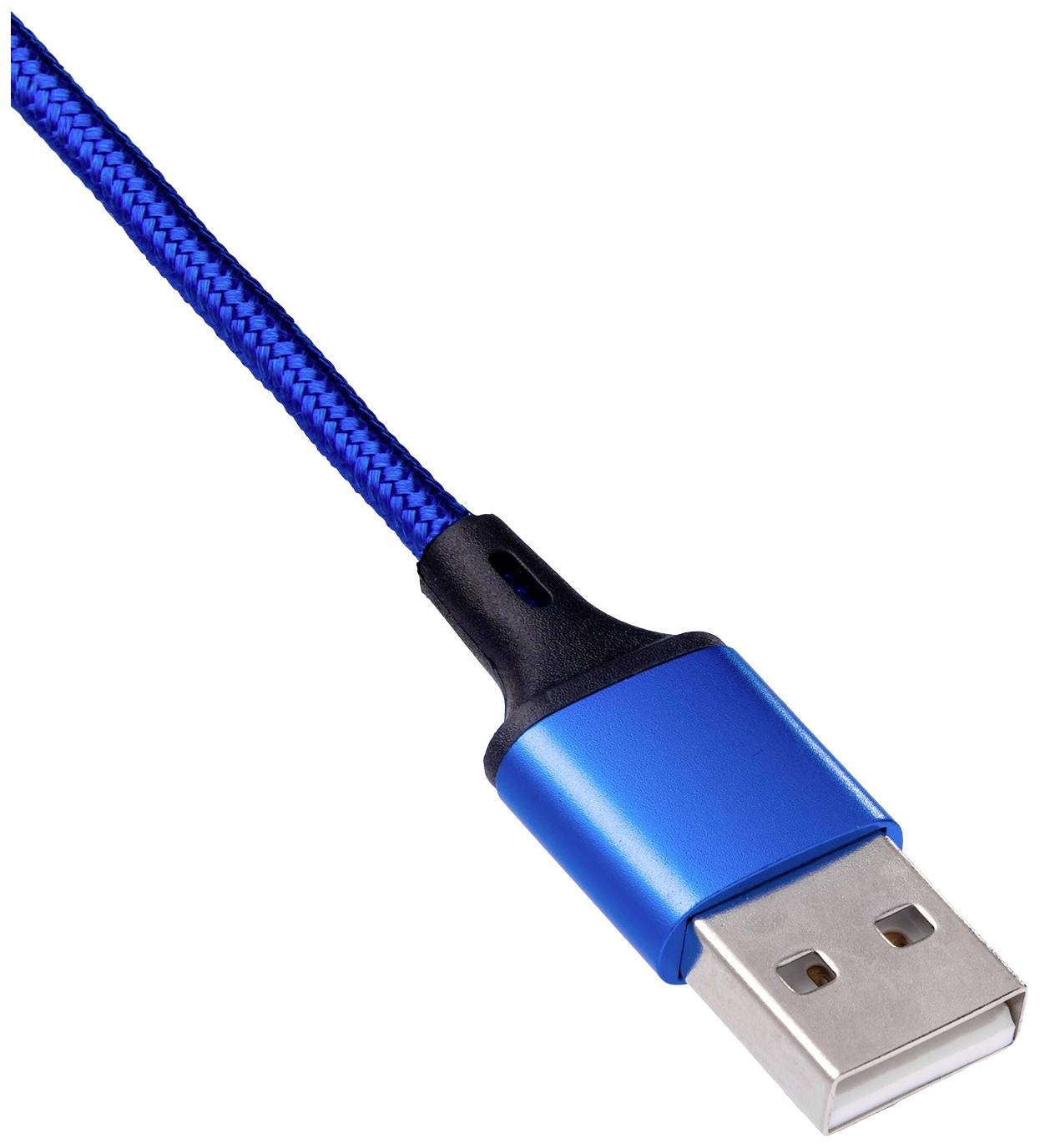 Een blauw gevlochten USB-kabel met metalen stekker op witte achtergrond.