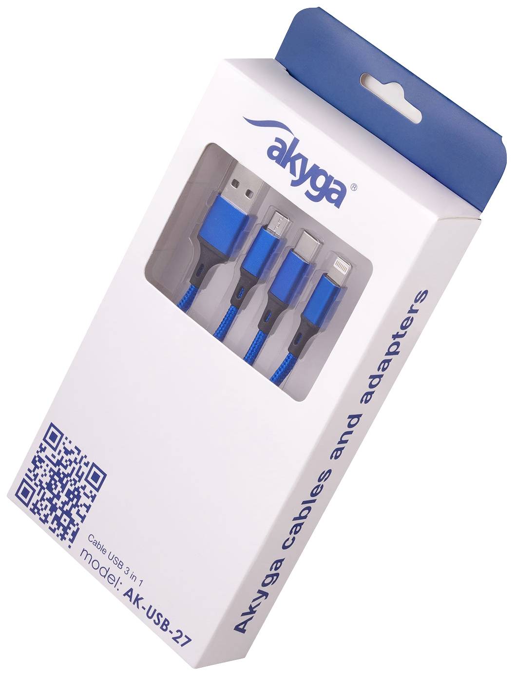 Packaging for Akyga USB cable Model AK-USB-27 with three different connectors. White-blue design with logos and QR code.