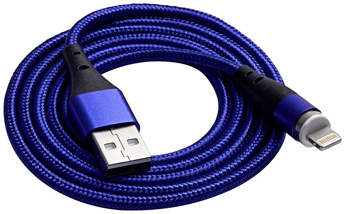 Blauw, gevlochten USB-kabel met een USB-stekker aan de ene kant en een Lightning-stekker aan de andere kant.