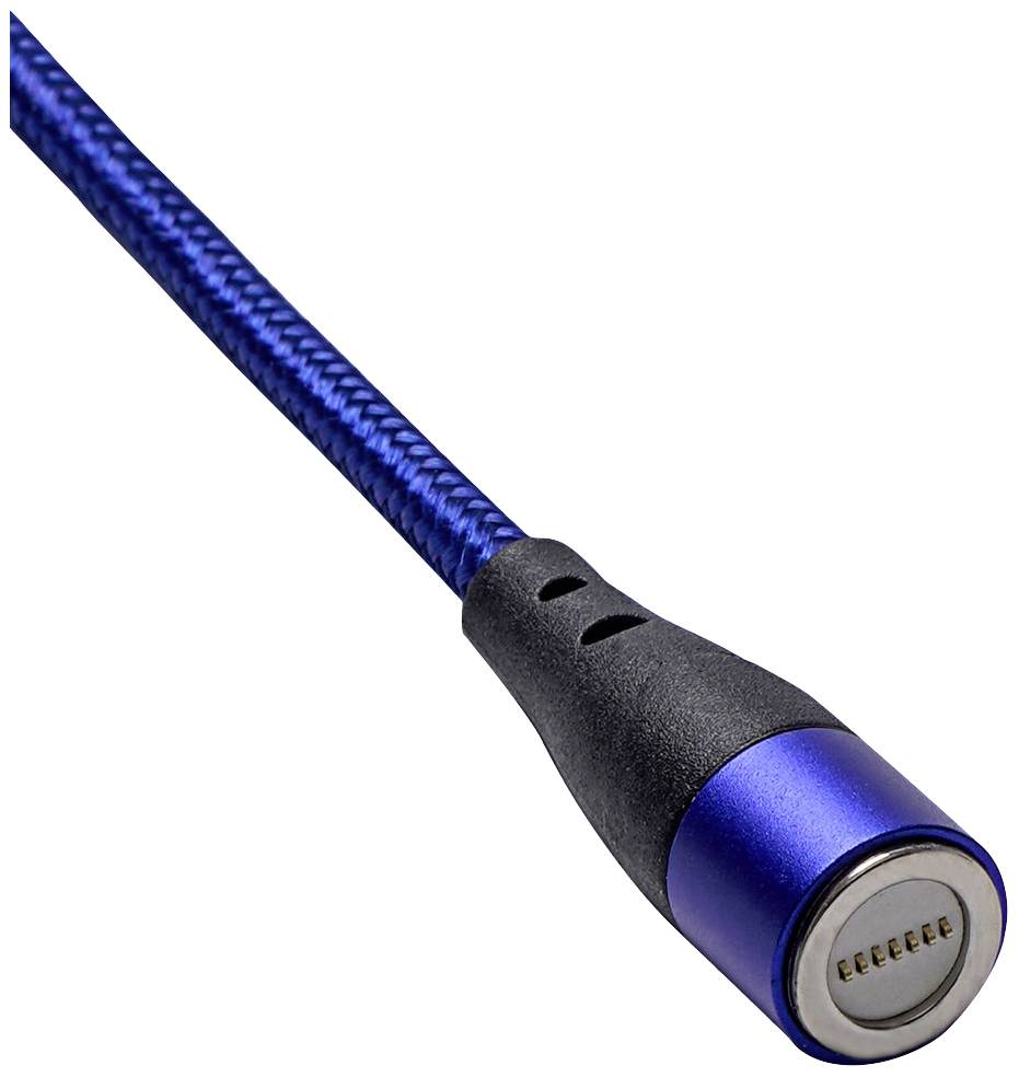 Blauw magnetisch oplaadkabel met afgeronde aansluiting, geschikt voor elektronische apparaten.