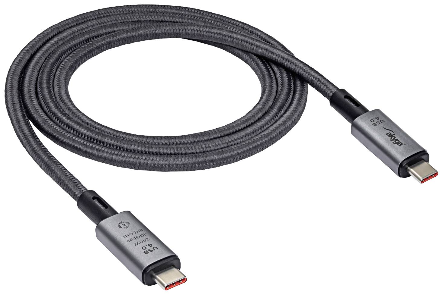 USB-C-oplaadkabel, zilver, textiel omhuld, opgerold. Geschikt voor gegevensoverdracht en stroomvoorziening, biedt duurzaamheid en flexibiliteit.