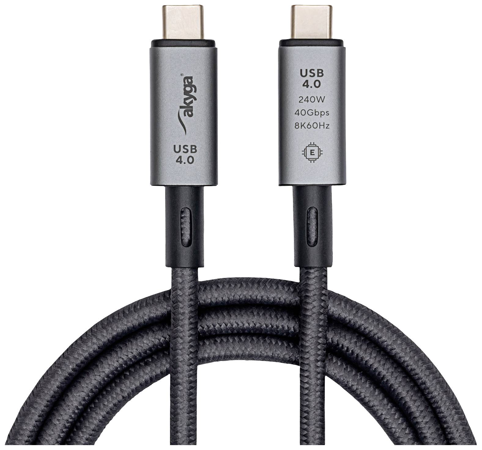 Een USB 4.0-kabel met twee USB-C-stekkers, geschikt voor 240W vermogen en 40Gbps gegevensoverdracht bij 8K60Hz.