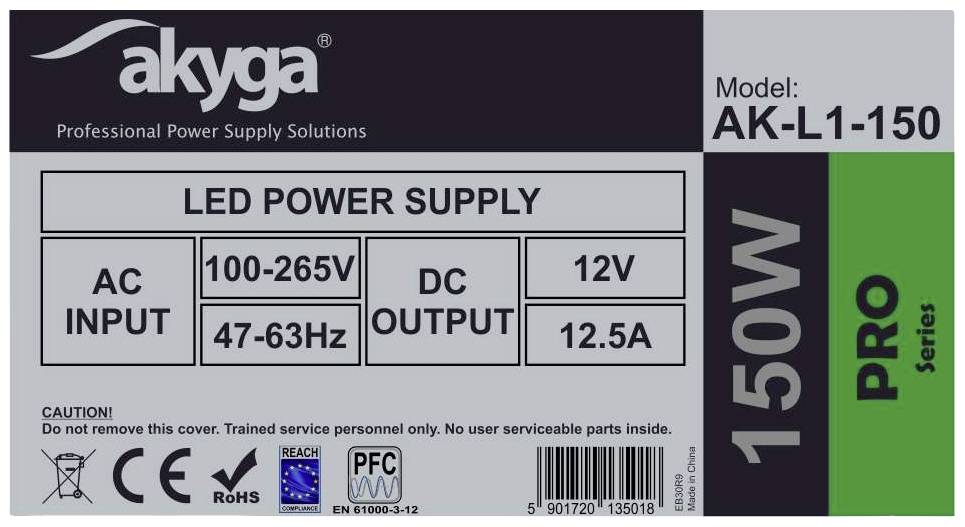 'Akyga LED Voeding' met 150W vermogen. AC invoer 100-265V, 47-63Hz; DC uitgang 12V, 12.5A. Model: AK-L1-150. Uitsluitend voor geschoold personeel.