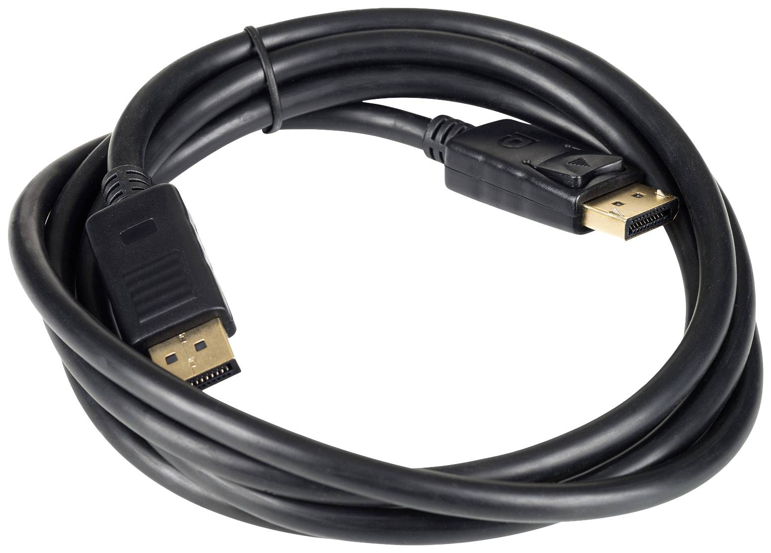 Een zwart DisplayPort-kabel met twee gouden stekkers, geschikt voor het aansluiten van computers op monitoren of televisies.