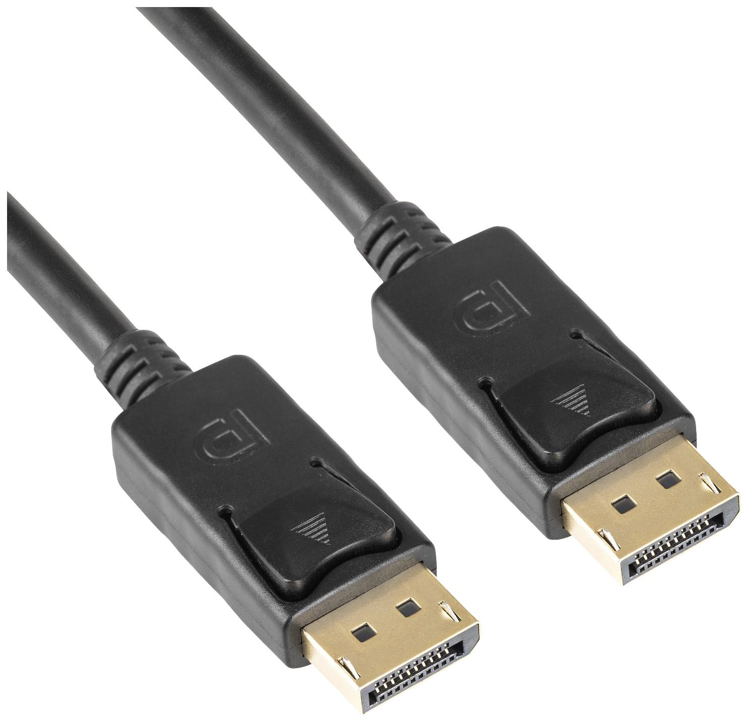 Twee DisplayPort-kabelstekkers met zwarte behuizingen en een gestroomlijnd ontwerp, geschikt voor video- en audioverbindingen.