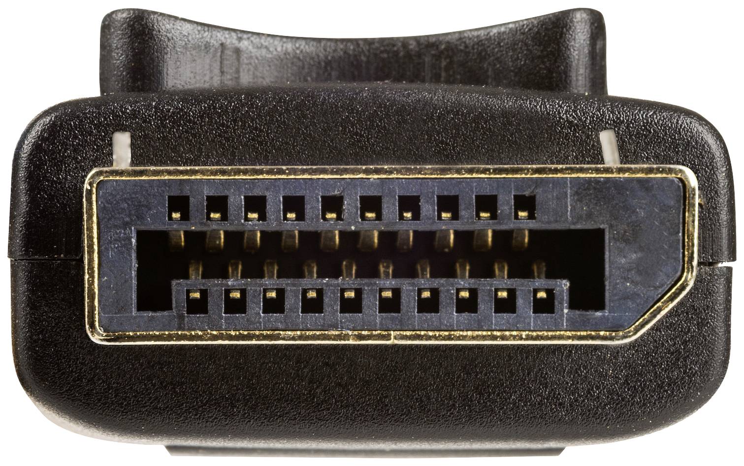 Een zwarte SCART-aansluiting met veel kleine metalen pinnen; gebruikt voor audio- en videoverbindingen.