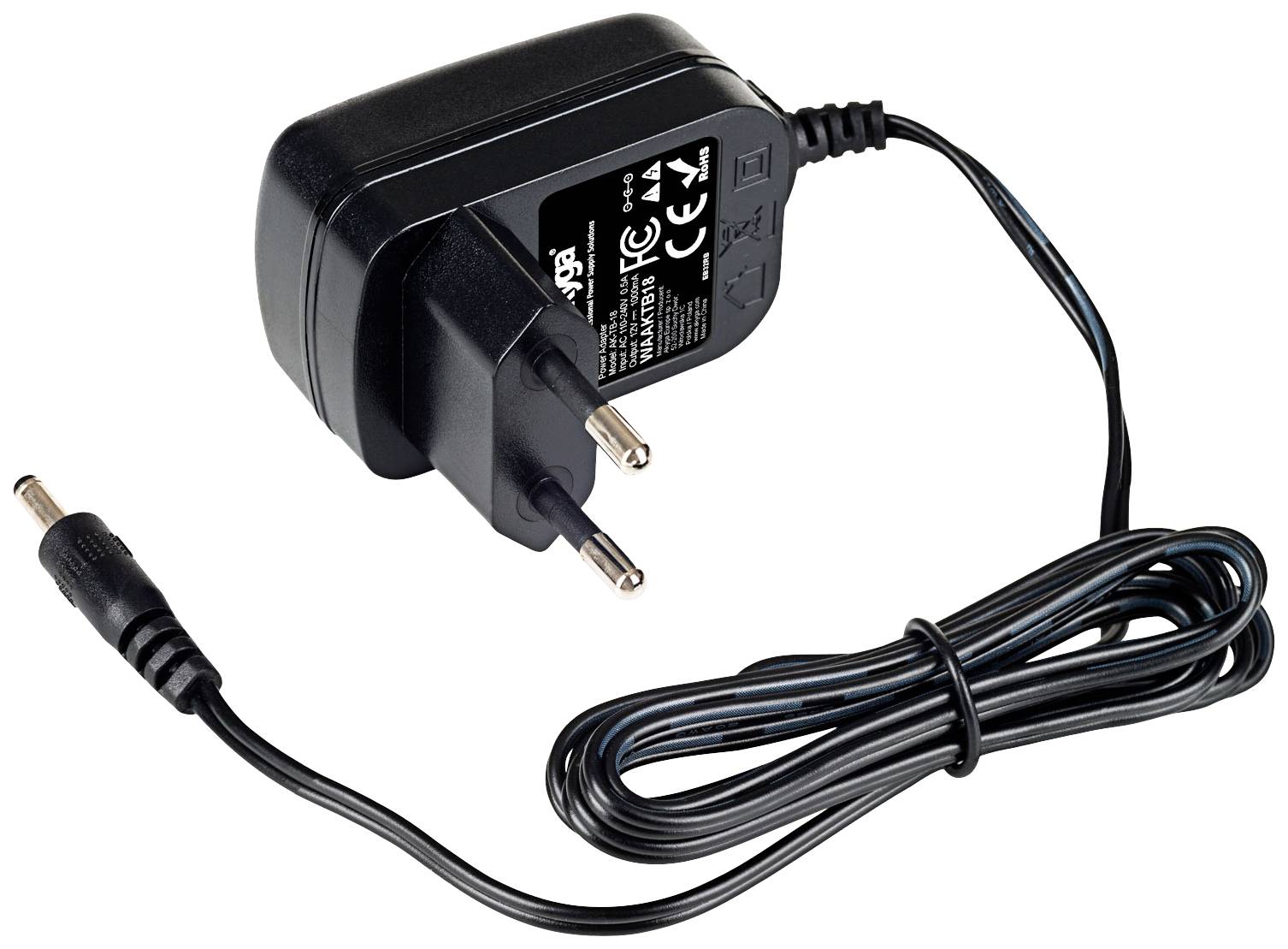 Zwart voedingsadapter met EU-stekker en lang snoer. Geschikt voor elektronische apparaten. CE- en FCC-markeringen zichtbaar op de adapter.