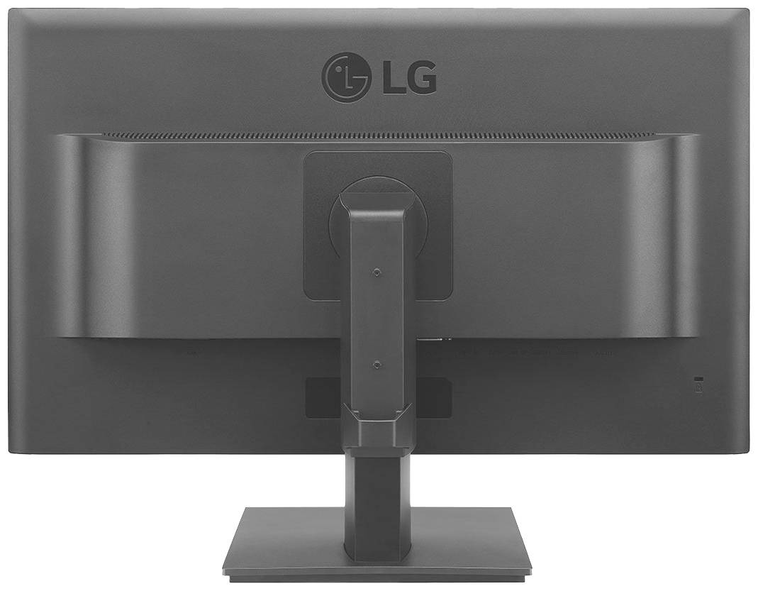 Achterzijde van een LG-monitor met verstelbare standaard, zwart design.