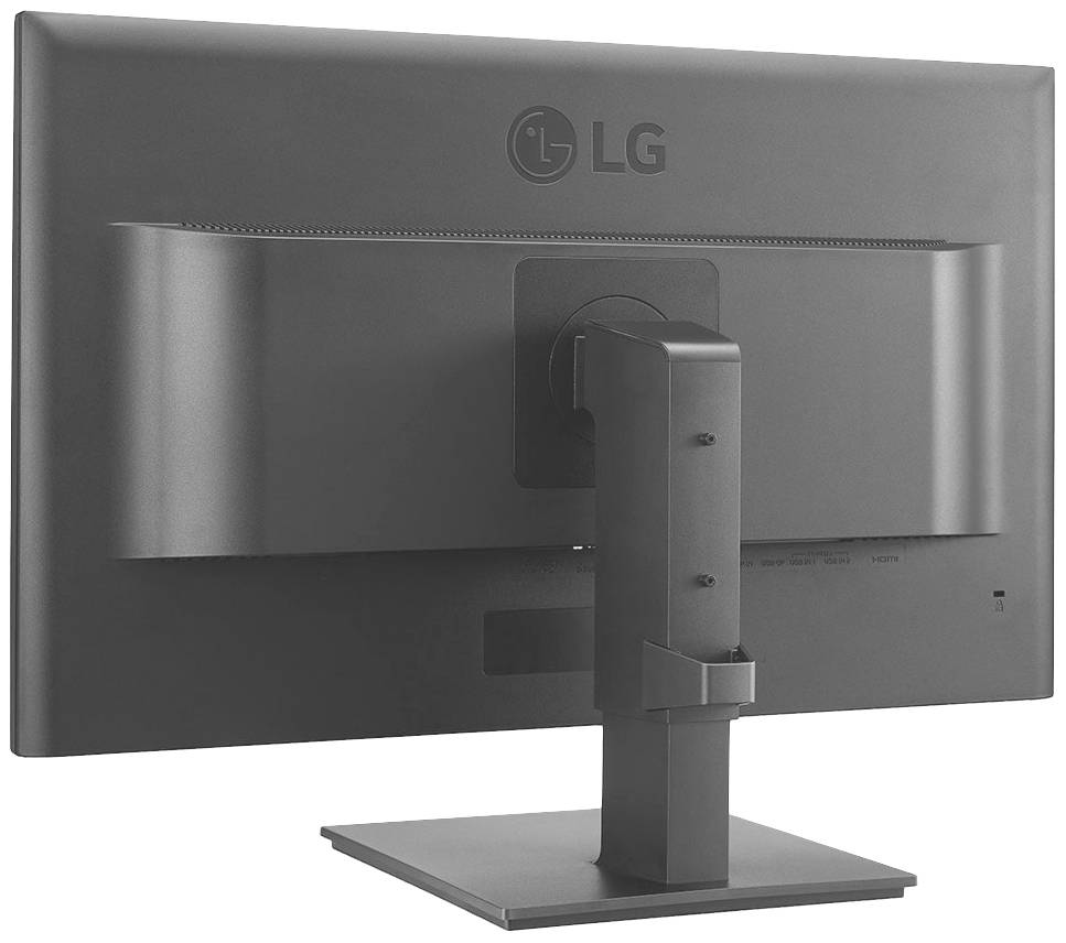 Een LG-monitor van achteren met een stabiele standaard. De monitor heeft een eenvoudig, modern design en is neutraal grijs.