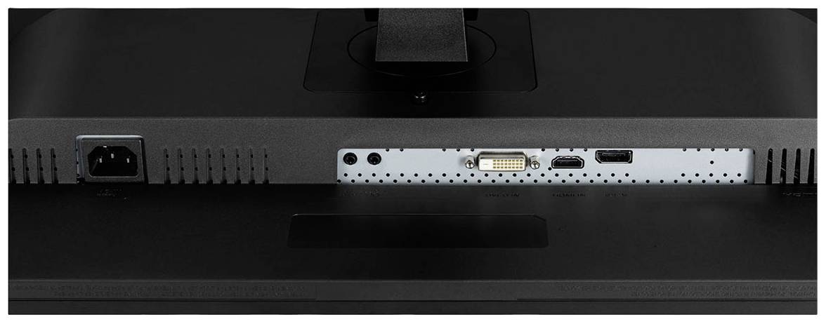 Achterkant van een monitor met aansluitbalk. Aansluitingen omvatten stroomaansluiting, audio, DVI, HDMI en USB.