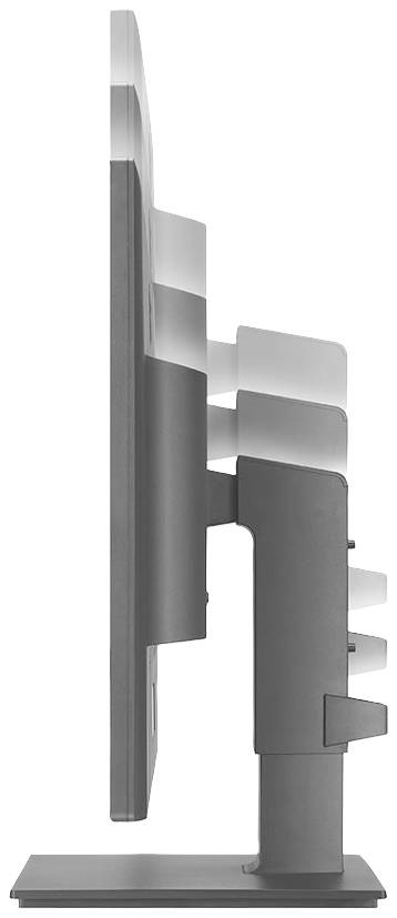Zijaanzicht van een computermonitor met een trapsgewijs ontwerp aan de achterkant, geplaatst op een stevig voetstuk.