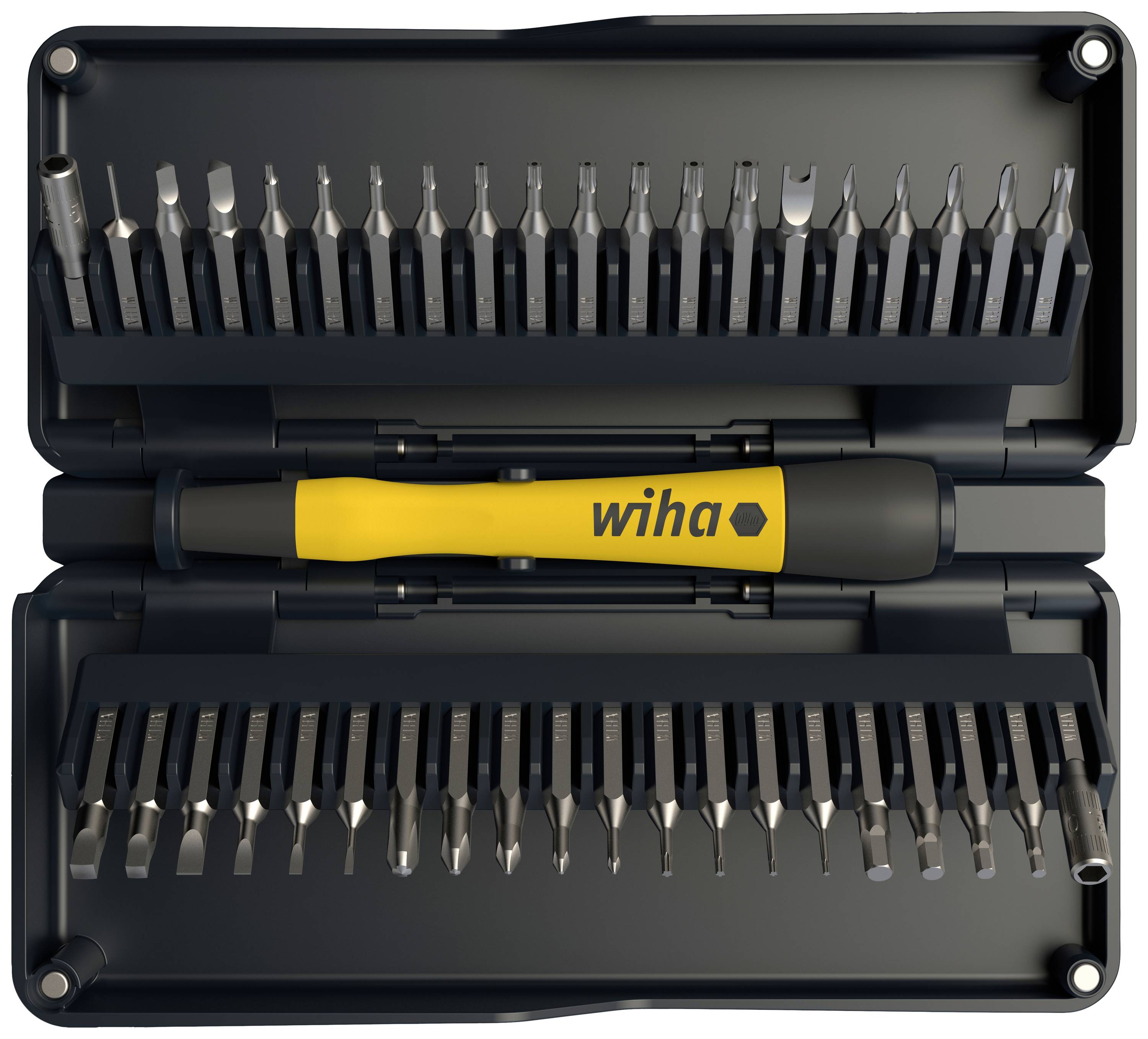 Gele Wiha-schroevendraaier met verschillende bits in een zwart etui, geopend en van bovenaf bekeken.