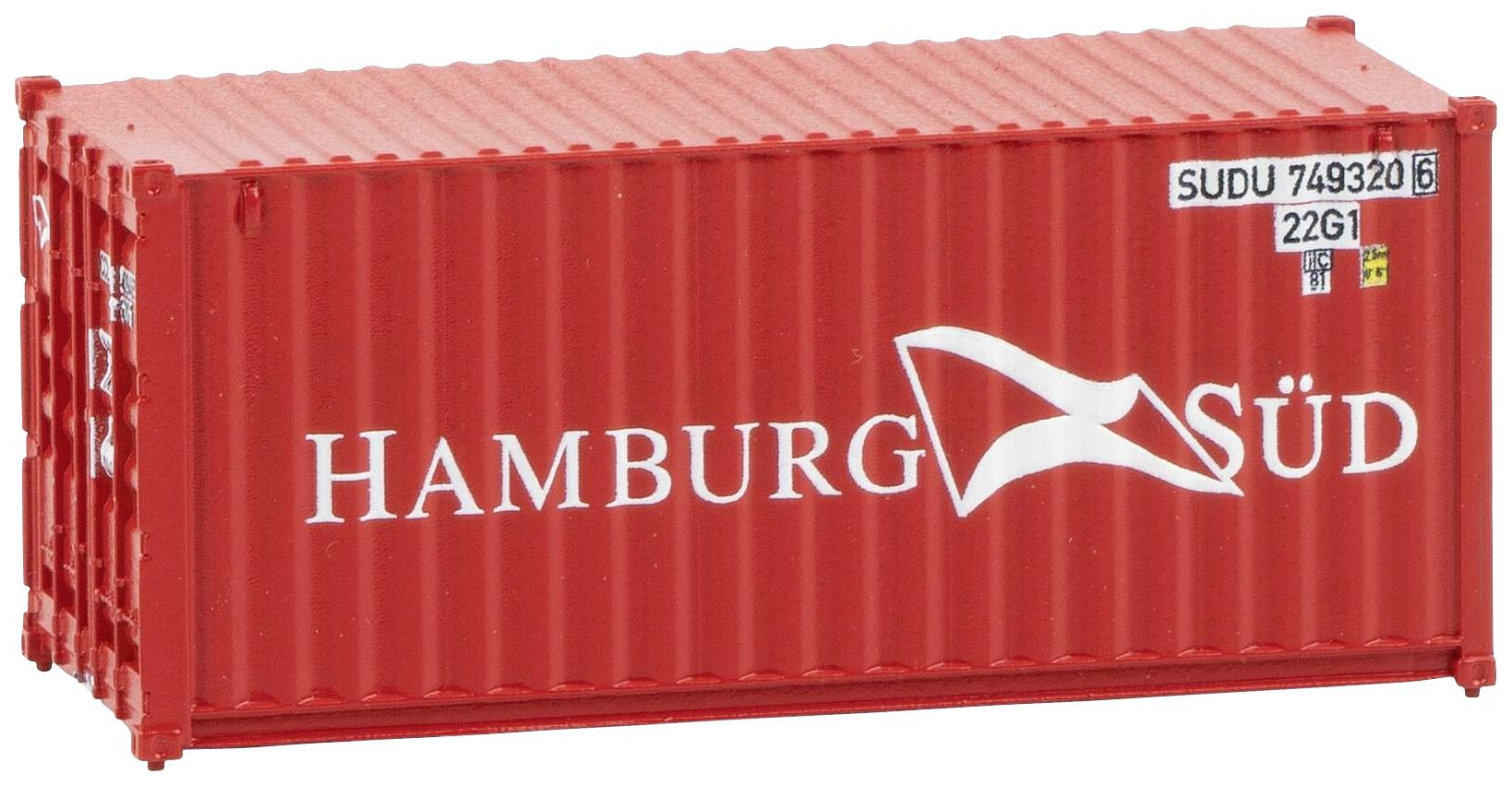 Een rode vrachtwagen met de tekst 'Hamburg Süd' en een serienummer aan de zijkant.