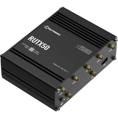 Teltonika RUTX50 industriële 5G-router weergegeven in schuine weergave, zwart rechthoekig apparaat met meerdere antennepoorten en labels.