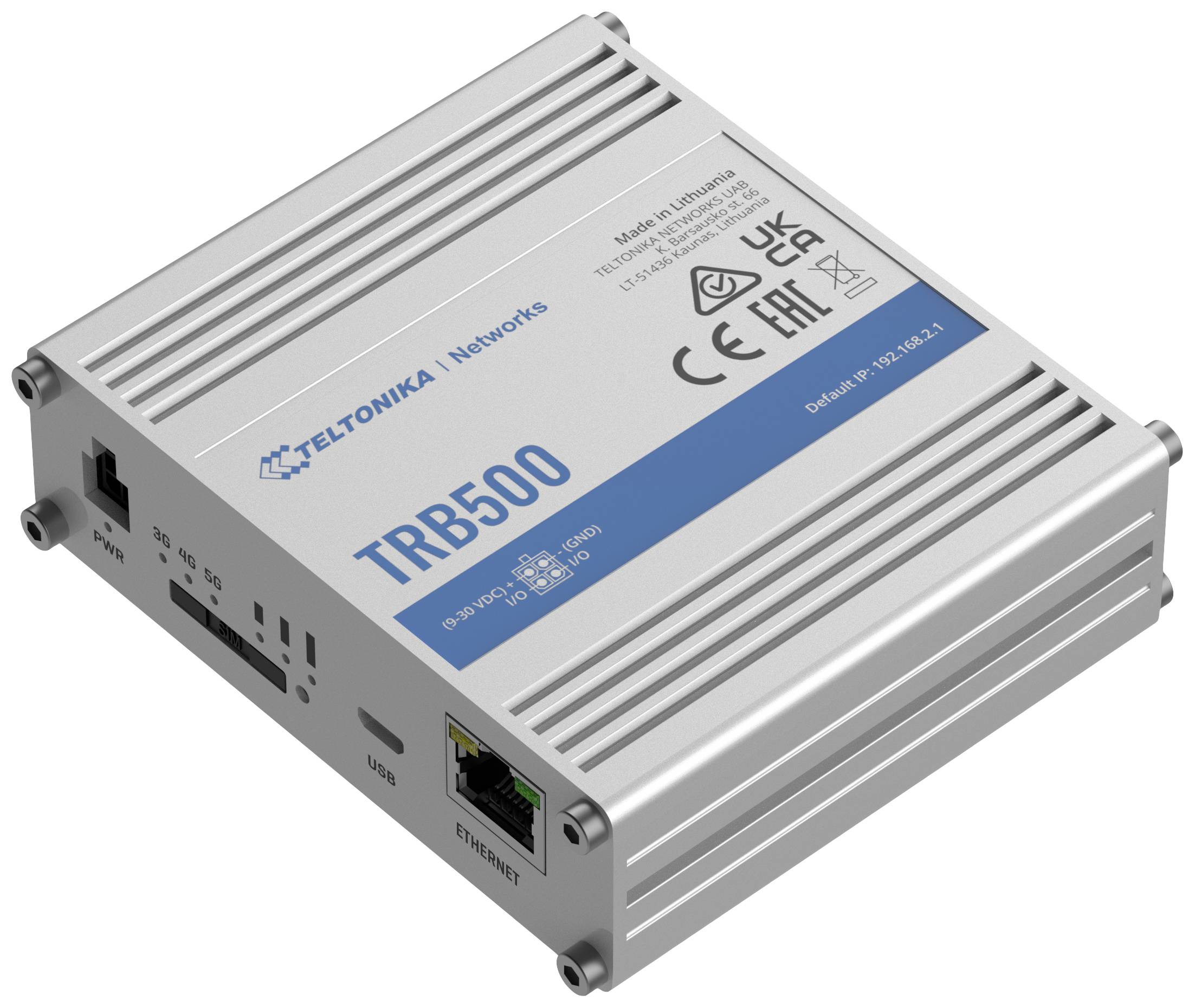 Zilveren Teltonika TRB500 Gateway-apparaat met verschillende aansluitingen, Ethernet-poort en CE-markering, voor industriële IoT-netwerken.