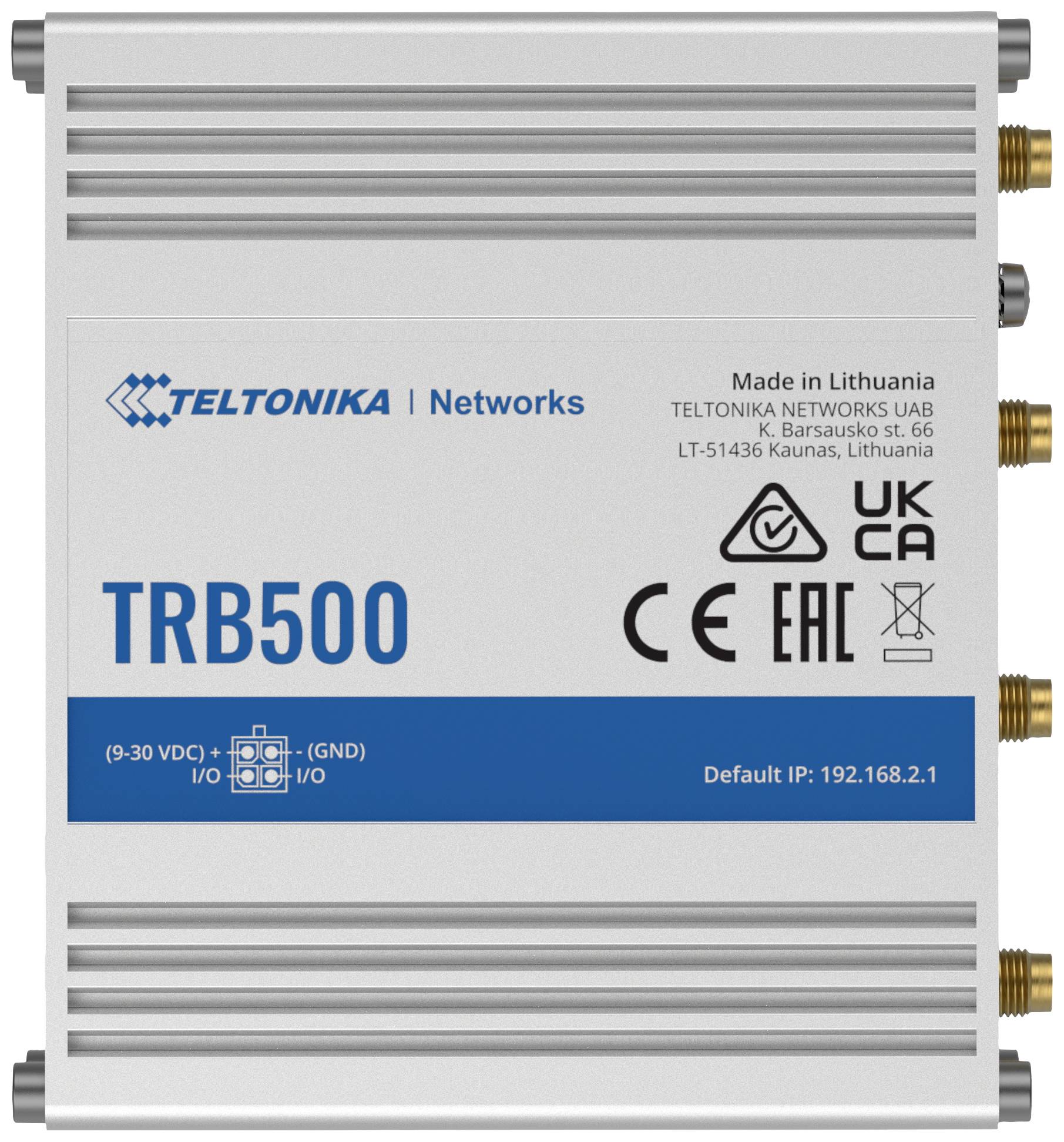Een zilveren router met het opschrift 'Teltonika Networks TRB500', CE- en UKCA-certificaten, fabrieksland: Litouwen.