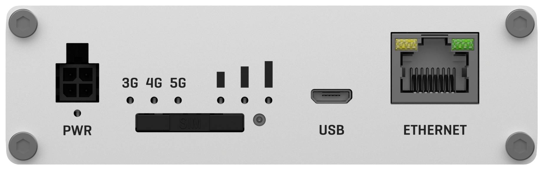 Achterkant van een apparaat met aansluitingen: voeding, USB, Ethernet. LED-indicatoren tonen netwerksiganaalsterktes 3G, 4G, 5G.