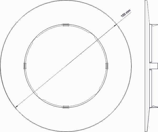 Technische tekening van een rond plafondverlichtingssysteem met een diameter van 150 mm, zij- en bovenaanzicht.