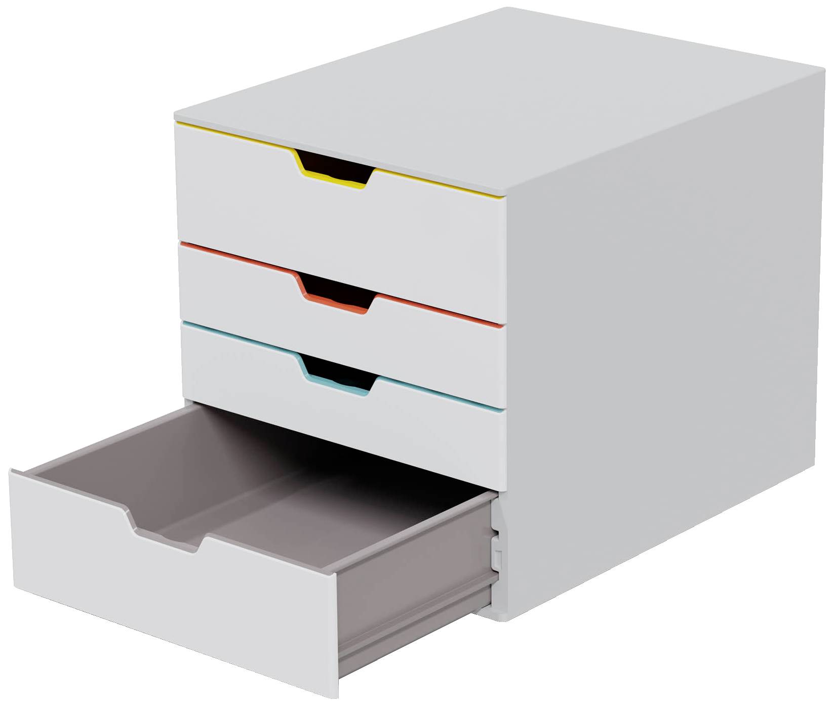 Een witte bureauorganizer met vier laden, waarvan drie gesloten en verschillend gekleurd gemarkeerd zijn, en één open.