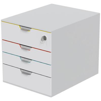 Een witte ladenkast met vier kleurgecodeerde lades en een slot aan de zijkant.