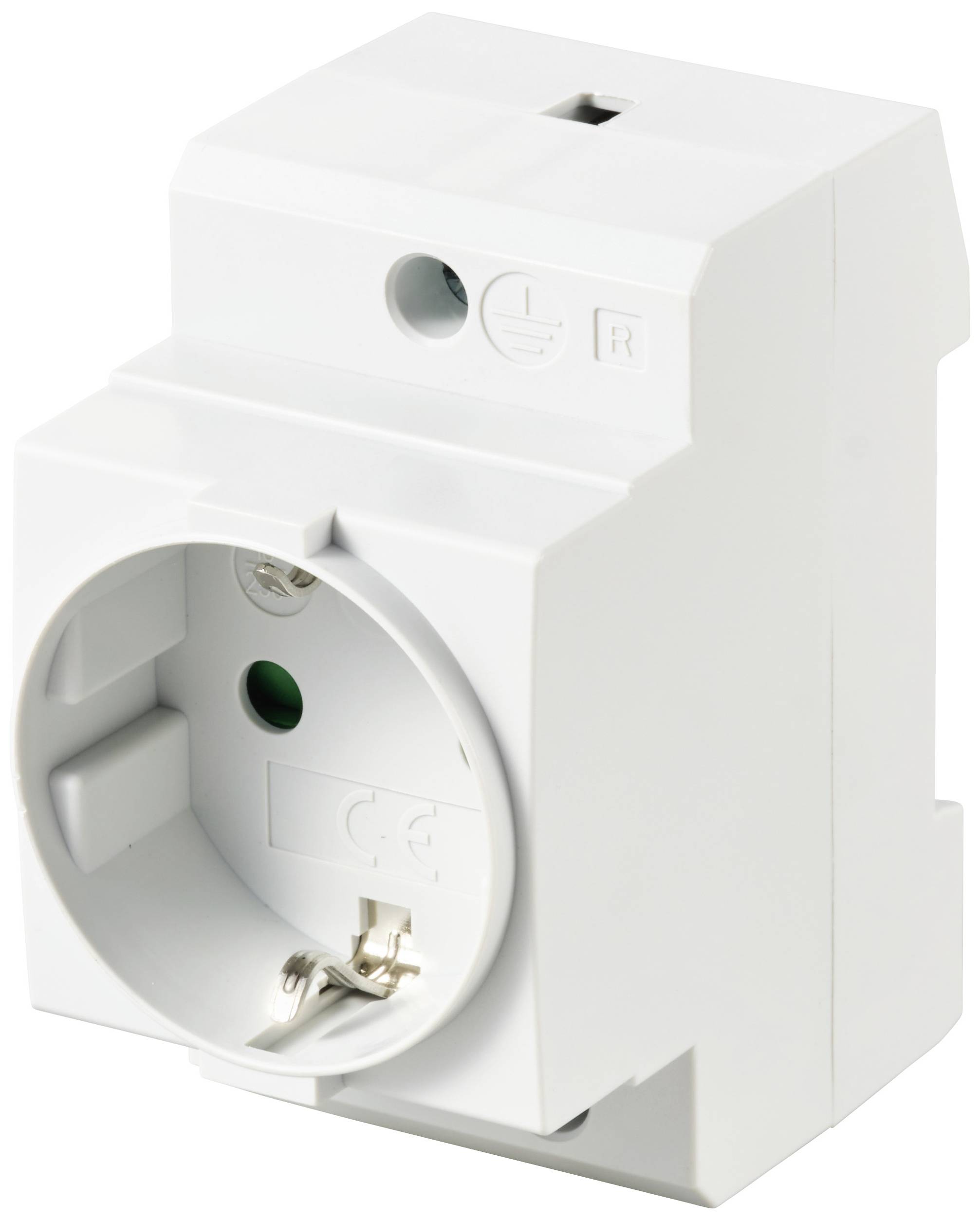 Een witte wandcontactdoos, geschikt voor gebruik in elektrische installaties, met een aardingsaansluiting.