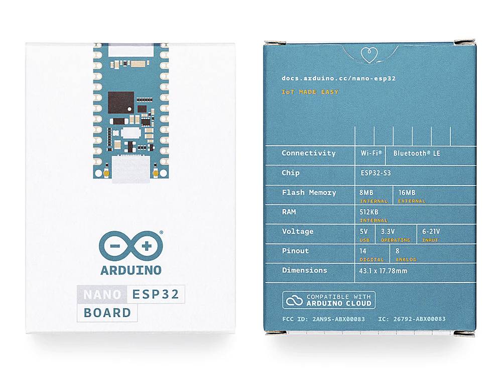 Twee verpakkingen van een Arduino Nano ESP32 microcontroller. Links toont de voorkant de productafbeelding, rechts zijn technische specificaties zoals Wi-Fi, Bluetooth LE en geheugencapaciteit vermeld.
