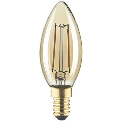 Gloeilamp met zichtbaar gloeidraad en E14-fitting, druppelvormig.
