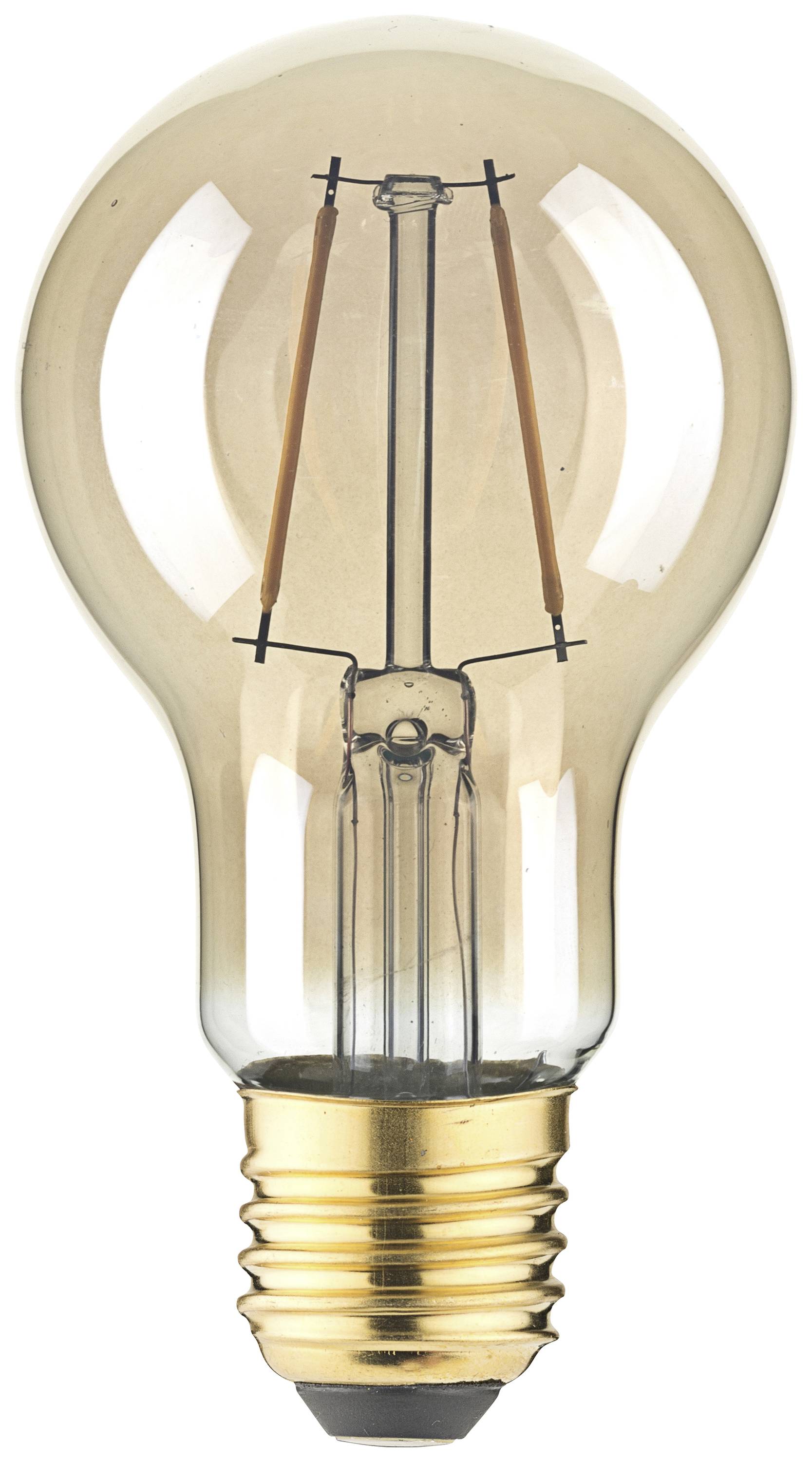 Een gloeilamp met zichtbare gloeidraad en gouden fitting.