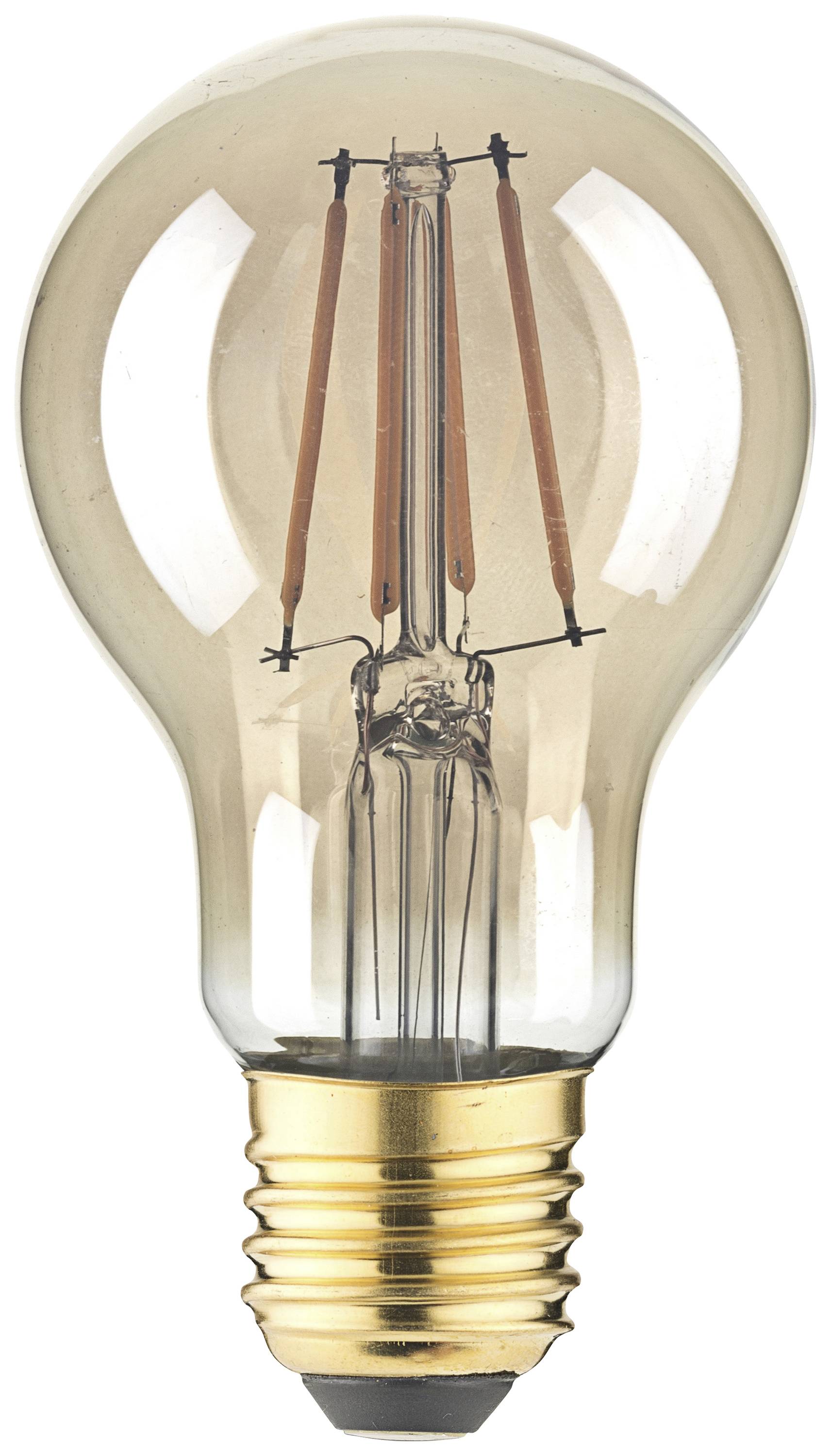 Gloeilamp met zichtbare gloeidraden, gouden voet, tegen een witte achtergrond.