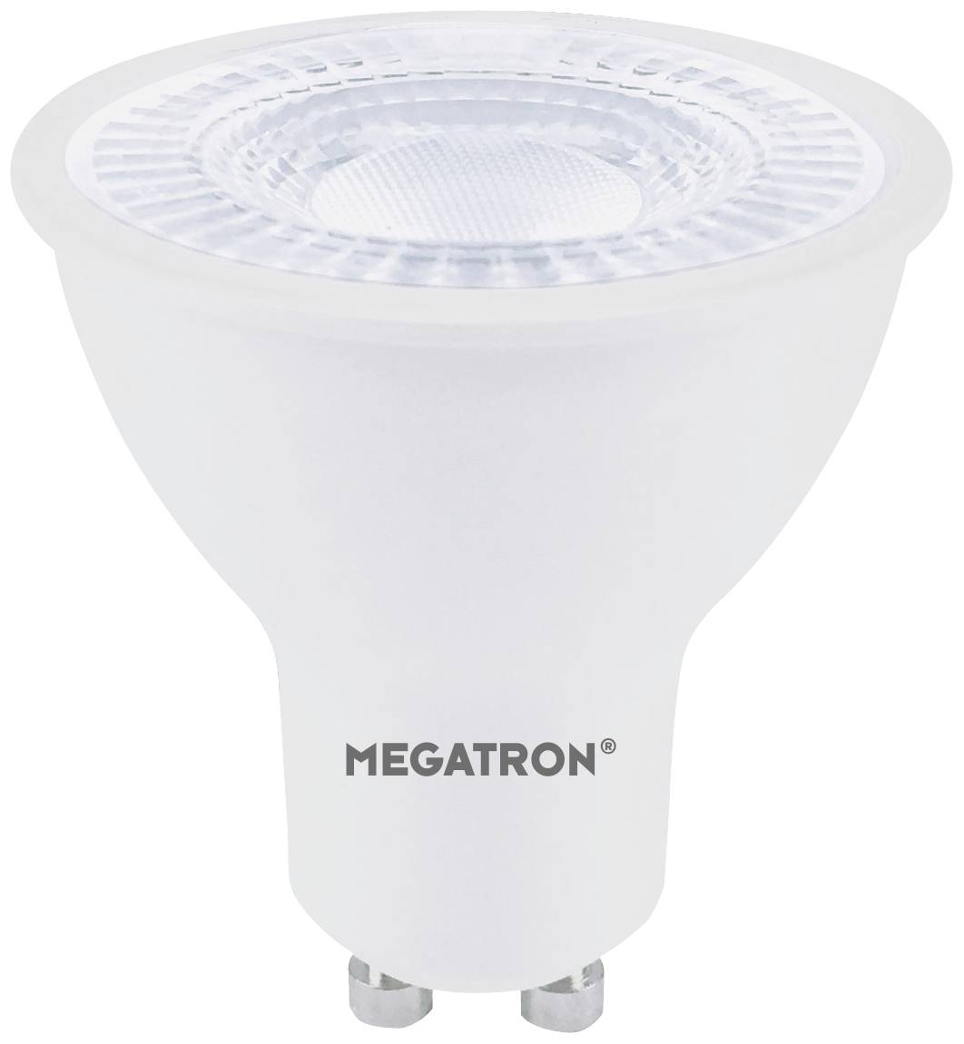 Een witte LED-lamp met GU10-fitting, waarop 'MEGATRON' staat. Hij heeft een geribde oppervlakte voor lichtverspreiding.