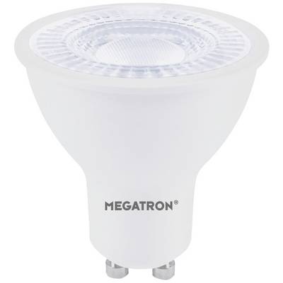 Een witte LED-lamp met GU10-fitting, waarop 'MEGATRON' staat. Hij heeft een geribde oppervlakte voor lichtverspreiding.