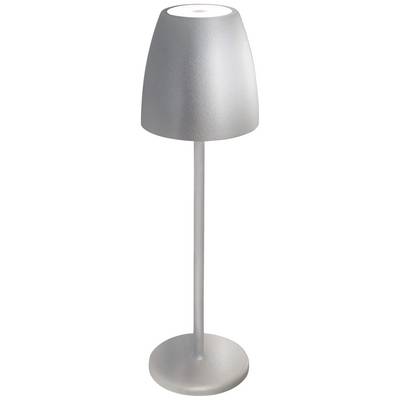 Een slanke, moderne tafellamp van metaal met een eenvoudige, cilindrische kap en een stabiele voet, straalt helder licht naar boven.