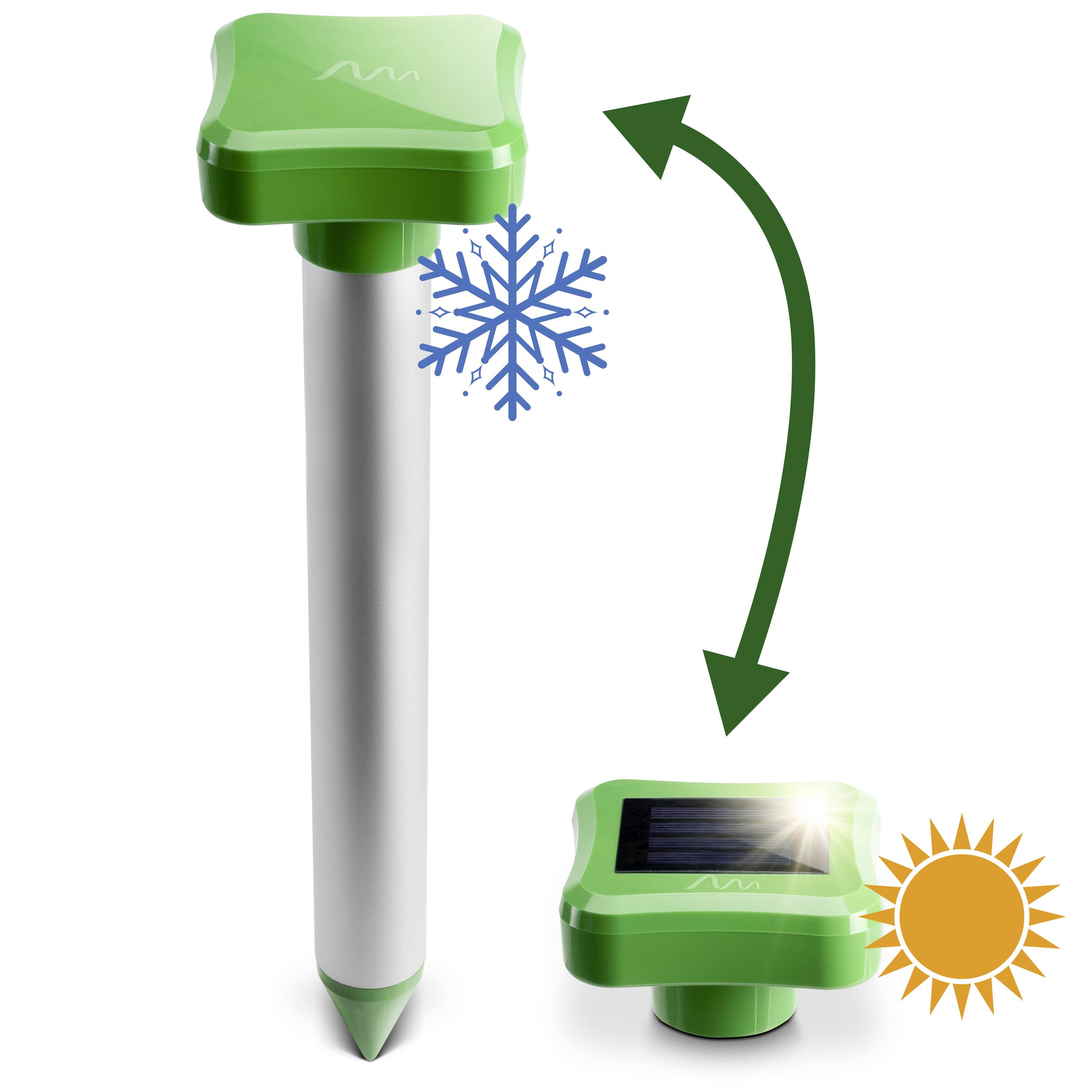 Groene zonneënergiegestuurde paal, symboliseert vorstbescherming in de winter en zonne-energieopname in de zomer, weergegeven door symbolen.