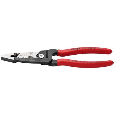 Een rode Knipex combinatietang met zwarte handgrepen en verschillende knip- en grijpfuncties.