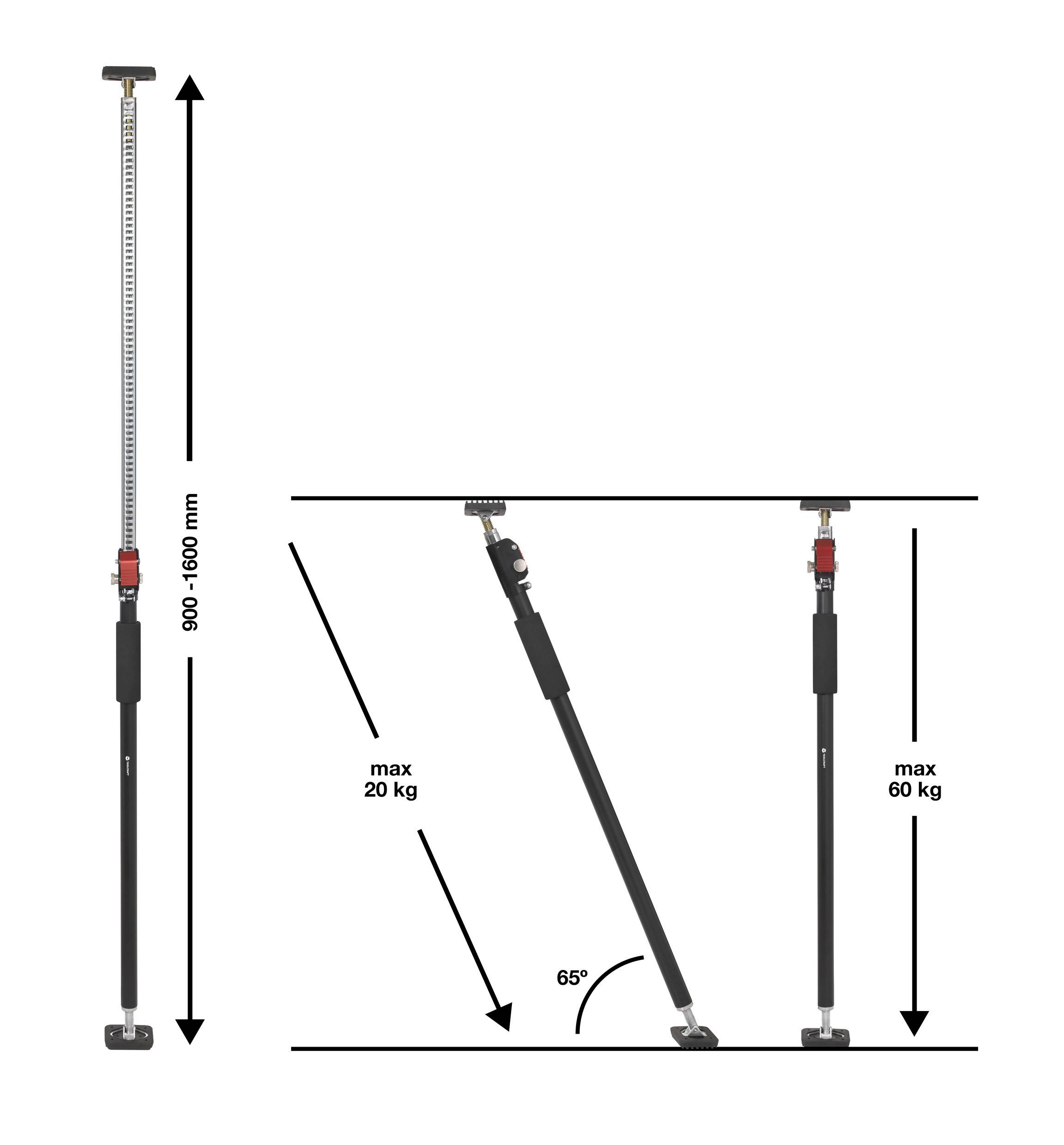 Telescoopstang met maatvoeringen: Hoogte 900–1600 mm, max. belasting verticaal 20 kg, schuin 60 kg, hoek 65 graden.