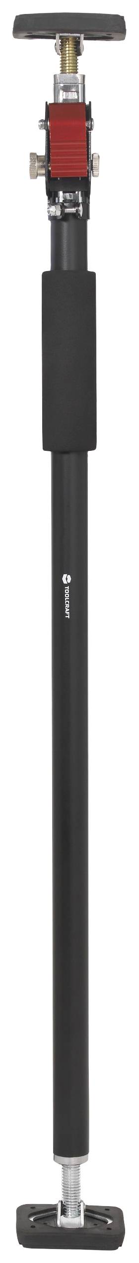 Een telescopische stang met een rode snelsluitklem bovenaan en antislip rubberen dop onderaan, geschikt voor bevestiging en stabilisatie.