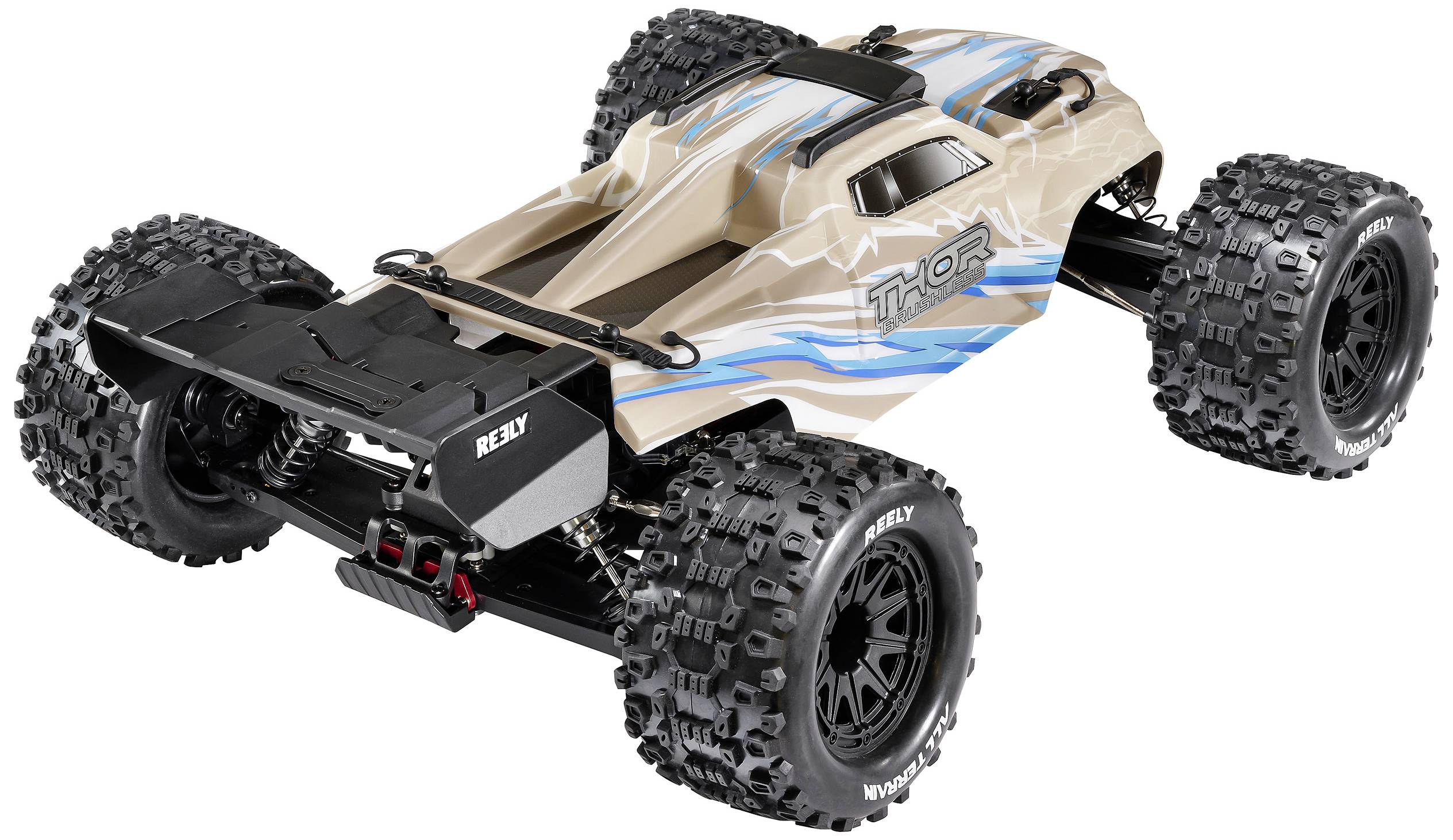 Afstandsbediende auto met robuuste terreinbanden en blauw-beige design. Geschikt voor offroad-rijden.