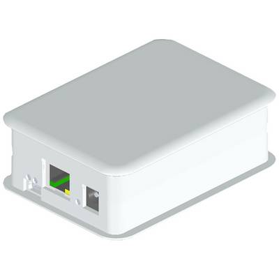 Een grijze rechthoekige behuizing met twee aansluitingen aan één zijde, waarschijnlijk bedoeld voor elektronische componenten of netwerkapparatuur.