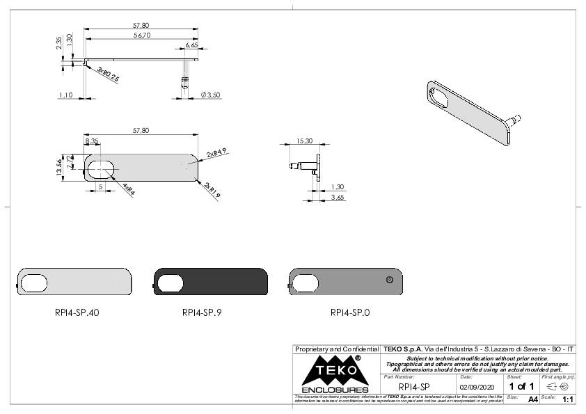 Technische tekening van een behuizing RPI4-SP met afmetingen en aanzichten in verschillende kleuren. Fabrikant: TEKO S.p.A.