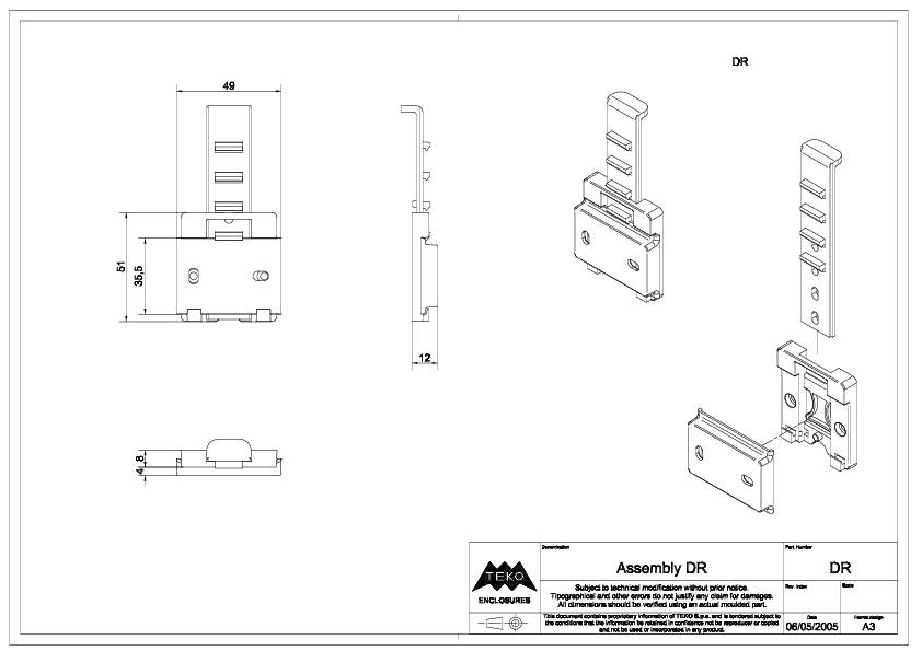 'Technische tekening van een DR-assemblage met vooraanzicht, zijaanzicht en bovenaanzicht. Afmetingen en schalen zijn weergegeven.'