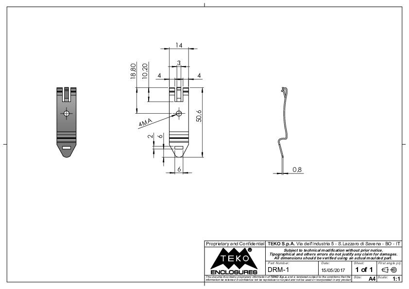 Technische tekening van een kleine clip met afmetingen. Vooraanzicht, zijaanzicht en bovenaanzicht zijn weergegeven. Maten worden aangegeven in millimeters.
