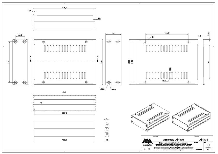 Technische tekening van een metalen behuizing met verschillende aanzichten, maten en maatvoering. Assemblage DS-1470, montagedetails rechtsonder.