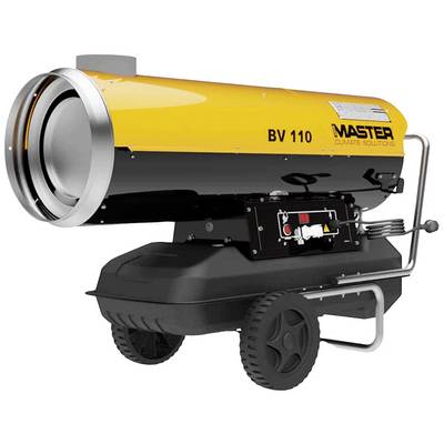 Gele en zwarte infraroodverwarming met wielen en een handgreep voor verplaatsing, model 'Master BV 110', op witte achtergrond.