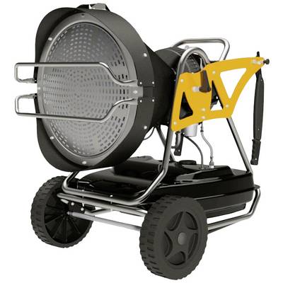 Een grote, draagbare industriële ventilator op een verrijdbaar frame. Hij heeft een zwarte behuizing en een gele steun.